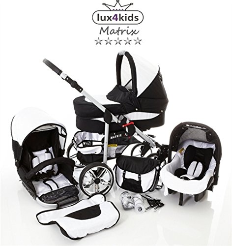 Chilly Kids Matrix II Kinderwagen Sommer-Set (Sonnenschirm, Autositz, Regenschutz, Moskitonetz, Schwenkräder) 56 Schwarz & Weiß