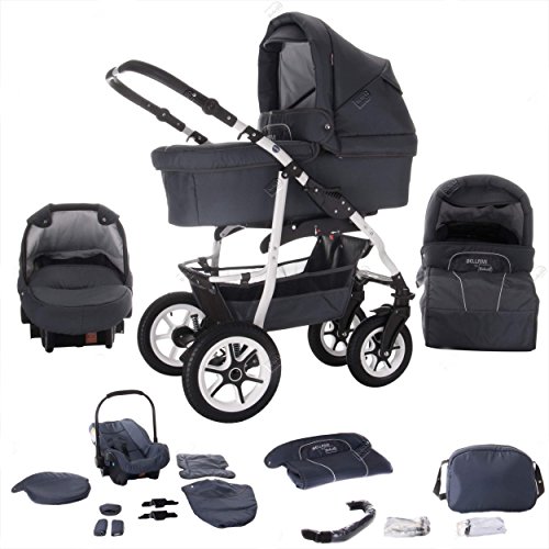 Bebebi Bellami | Hartgummireifen in Weiß | 3 in 1 Kombi Kinderwagen Komplettset | Farbe: Bellagrey