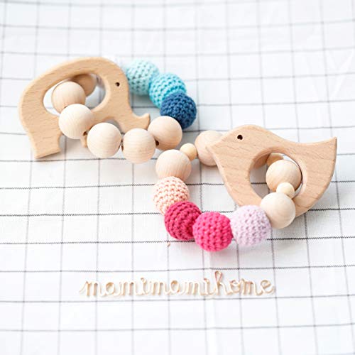 Mamimami Home 2pc Baby Wooden Teethers Organic umweltfreundliche Holz Elefant Vogel geformt Kinderkrankheiten Nursing Armband Kauartikel Toy Montessori Baby-Zahnen Geschenk-Teether Spielzeug