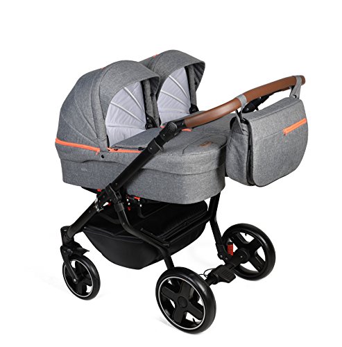 Dorjan Quick Twin Moderner Zwillingskinderwagen (Seite-an-Seite) KombiKinderwagen Duo Babywagen Buggy Kinderwagen System + Wickeltasche + Regenschutz + Insektenschutz (2w1, TQ08) Anthrazit-Orange)