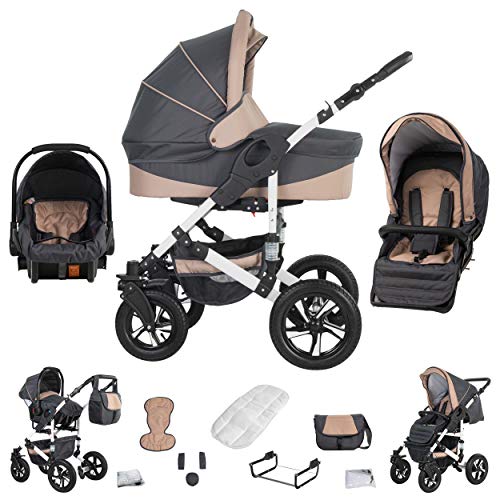 Friedrich Hugo Hamburg | 3 in 1 Kombi Kinderwagen Komplettset | Hartgummireifen | Farbe: Grey & Beige