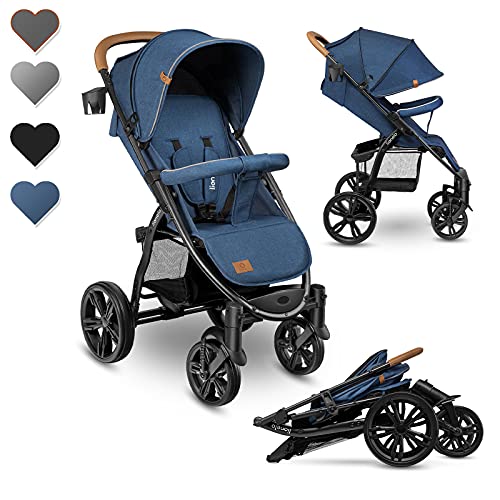 LIONELO Annet Buggy bis 22 kg mit Liegefunktion, Kinderwagen klein zusammenklappbar mit Zubehör, Eva-Schaum-Räder, Moskitonetz, Fußdecke Getränkehalter, Korb (BLUE DENIM PLUS)