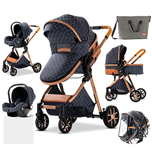 3 in 1 Kombikinderwagen Kinderwagen 3 in 1 Hochformat Kinderwagen Liegender Kinderwagen Faltbarer Kinderwagen Babywiege Neugeborenen Kinderwagen (Blau)