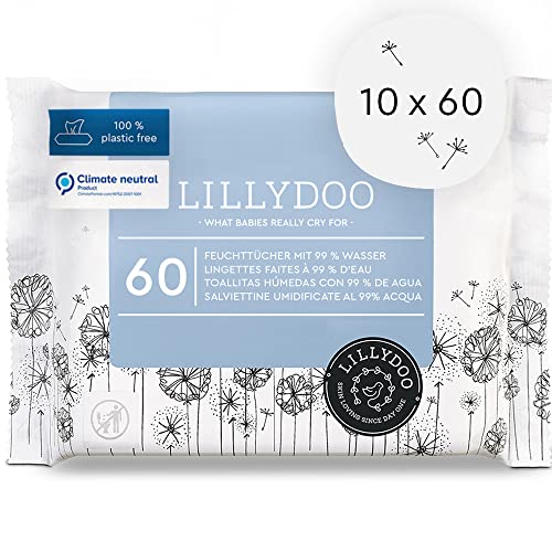 LILLYDOO Baby Feuchttücher mit 99% Wasser, 10 x 60 Stück (600 Feuchttücher), 100% biologisch abbaubares Tuch, ohne Parfüme & mild wie Watte und Wasser